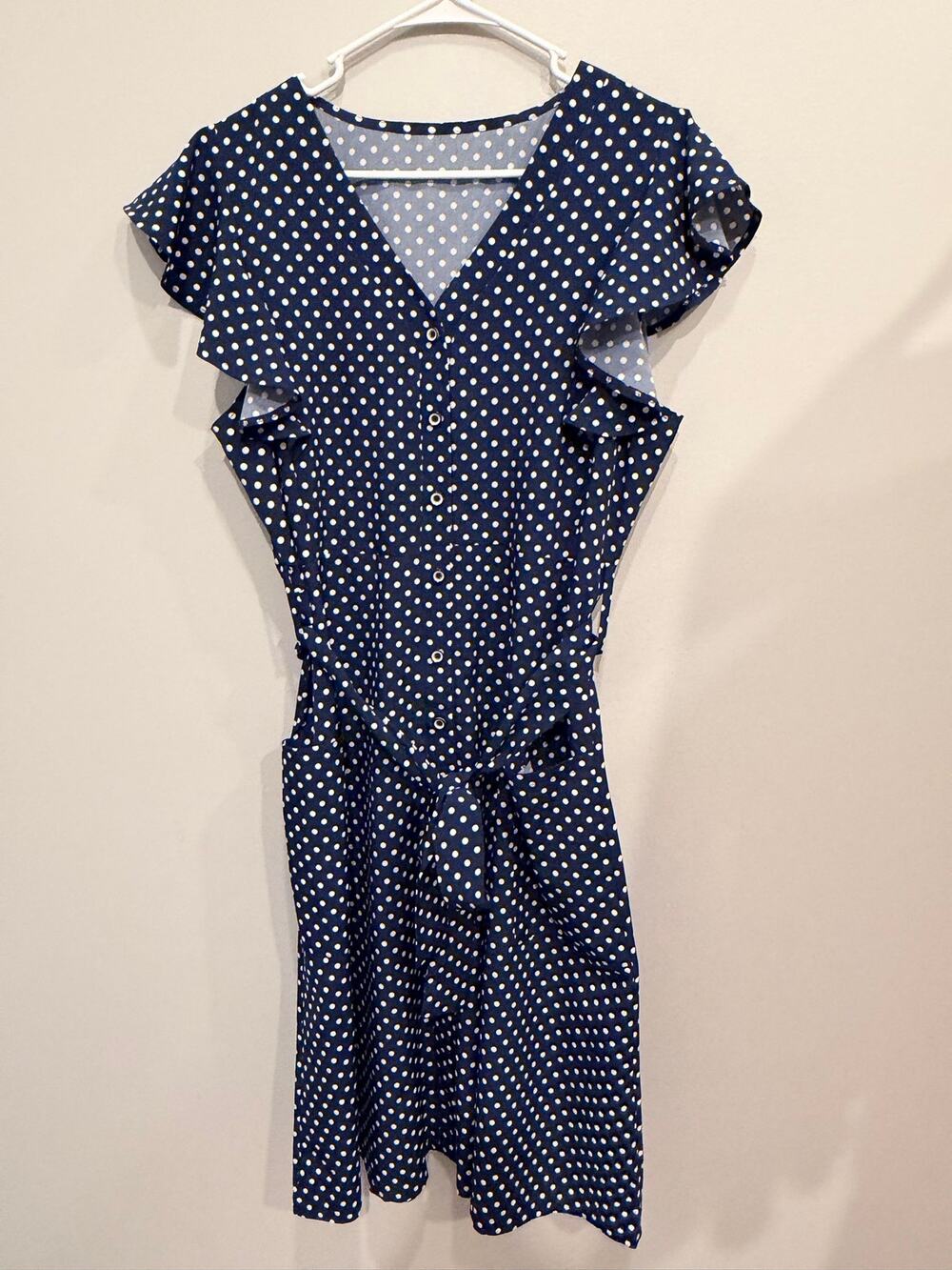 Navy & White Polka Dot V-Neck Ruffle Sleeve with Pockets Belted Midi Dress Sz XL
